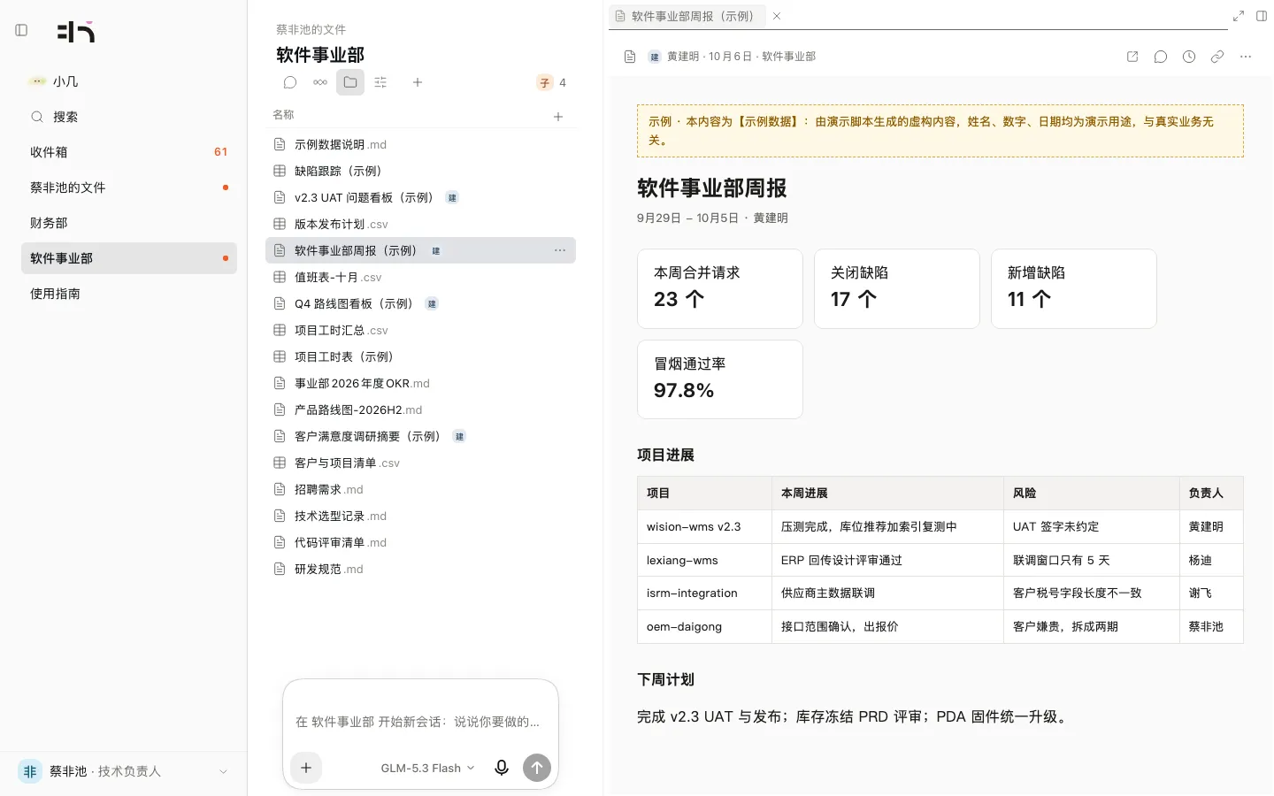 周报在阅读器里打开，左边是文件清单。