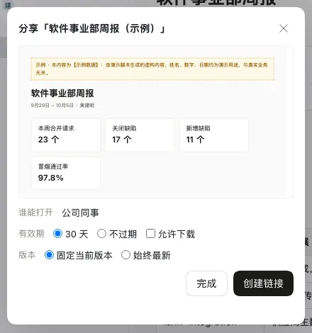 分享对话框：文件的预览、谁能打开、有效期、版本和「创建链接」。