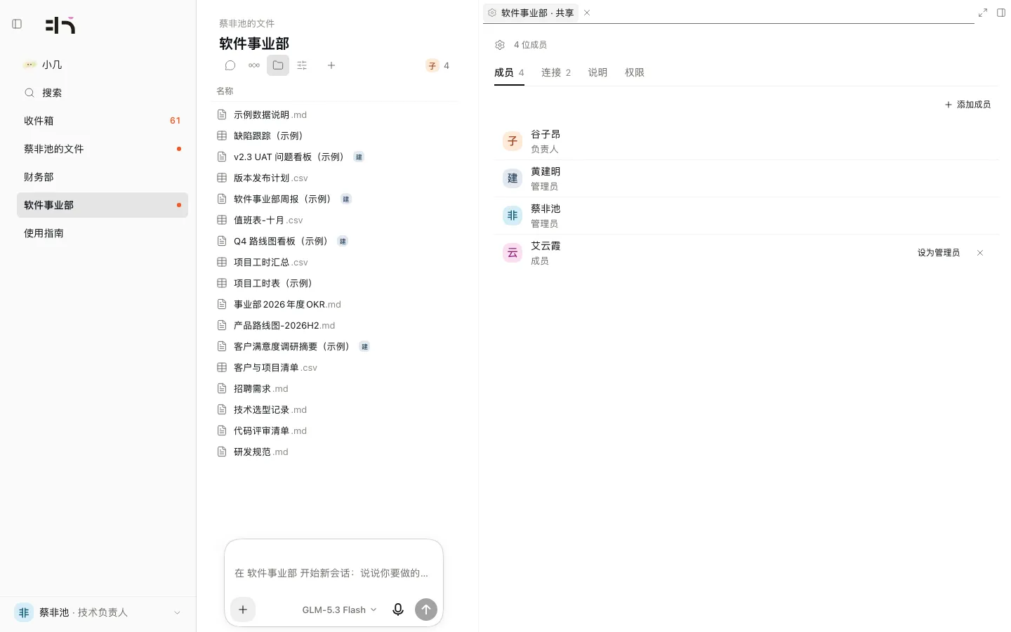 一个空间的成员：负责人、管理员和一位成员。